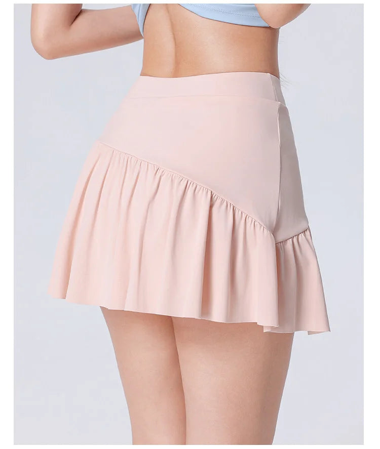 Women High Waist Asymmetrical Tennis Skirt Built-in Shorts Quick Dry Breathable Workout Running Sports Mini Skort