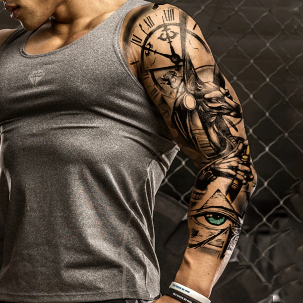 Large Full Arm Sleeve Waterproof Temporary Tattoo Sticker Anubis Ancient Egypt Greece Zeus Eye  Fake Tatoo Body Art Men Women