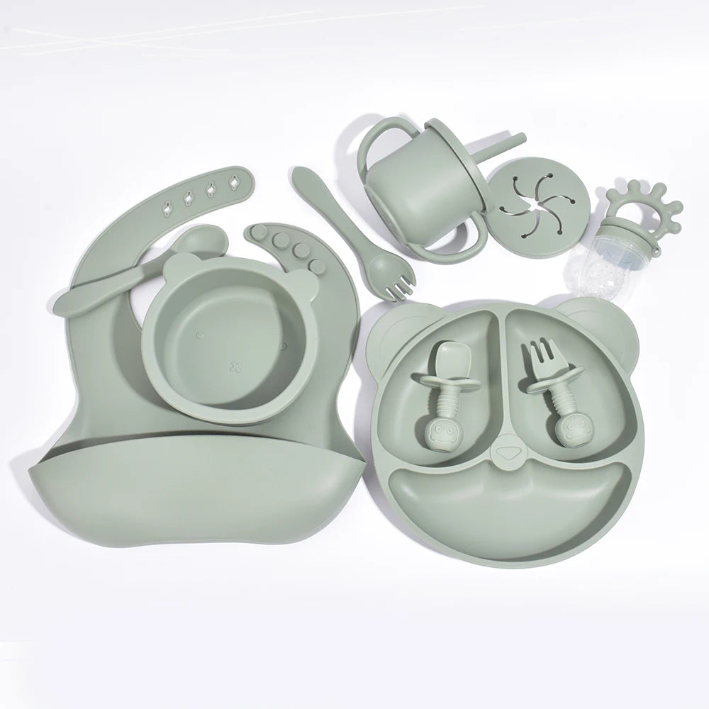 10pcs Children's Silicone Dinner Plate Set Strong Suction Anti-Fall Children's Eating Training Bowl Fork Spoon Feeding Tableware