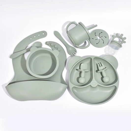 10pcs Children's Silicone Dinner Plate Set Strong Suction Anti-Fall Children's Eating Training Bowl Fork Spoon Feeding Tableware