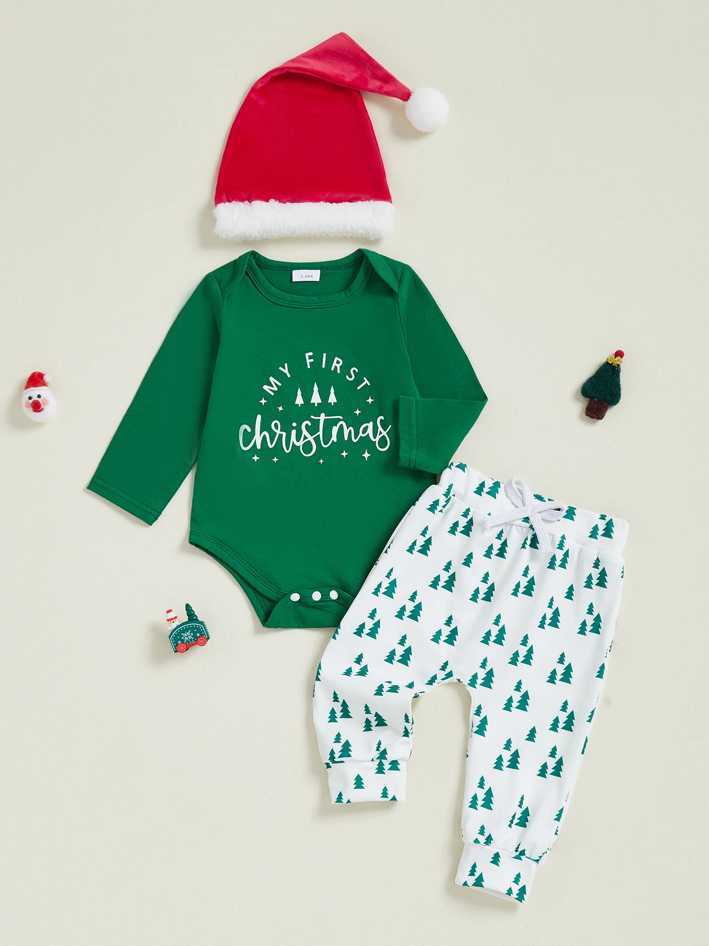 Baby Boy First Christmas Outfit Long Sleeve Truck Tree Print Romper Jogger Pants Hat Newborn Fall Winter Clothes Set