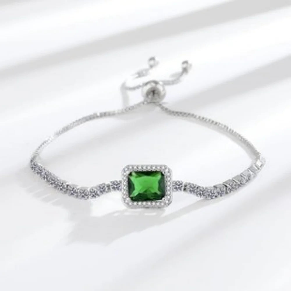 925 Sterling Silver Bracelet, Square Imperial Green Zircon Adjustable Size, Luxury Elegant Jewelry Bracelet For Men And Women