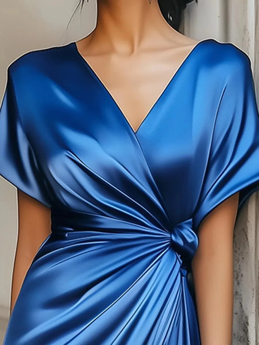 Fashion V Neck Short Sleeved Solid Color Dress Satin Women's Dress Elegant Form Fitting High-waisted Pleated Female Office Dress