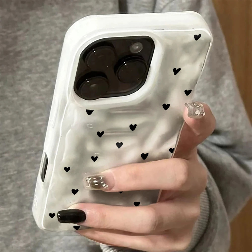 White Small Love Pattern Phone Case For iPhone 17 16 15 14 13 12 11 Pro Max 15 16 Plus Shockproof Soft Back Wave Texture Cover