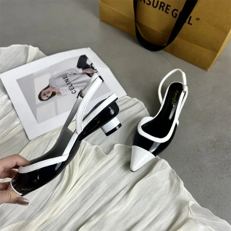 Designer Black White Mixed Color Low Heeled Sandals Women Sexy Pointed Toe Slingbacks Chunky High Heels for Women Elegant Heels