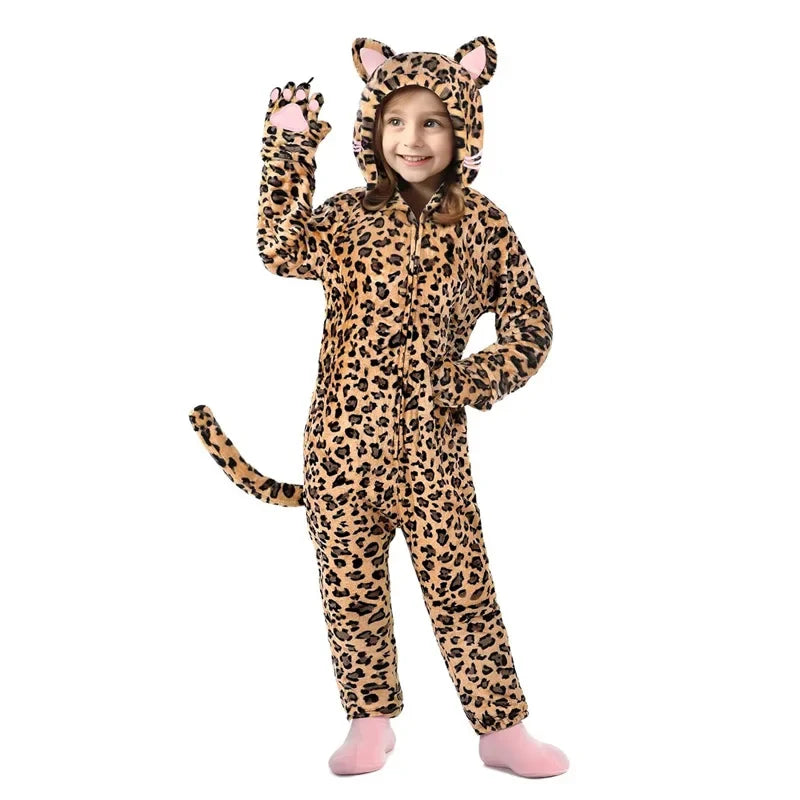 4 6 8 10 12 Years Girls Black Cat Jumpsuits Unicorn Pajamas Kigurumi Toddler Kids Hooded Flannel Home Wear Children Onesie