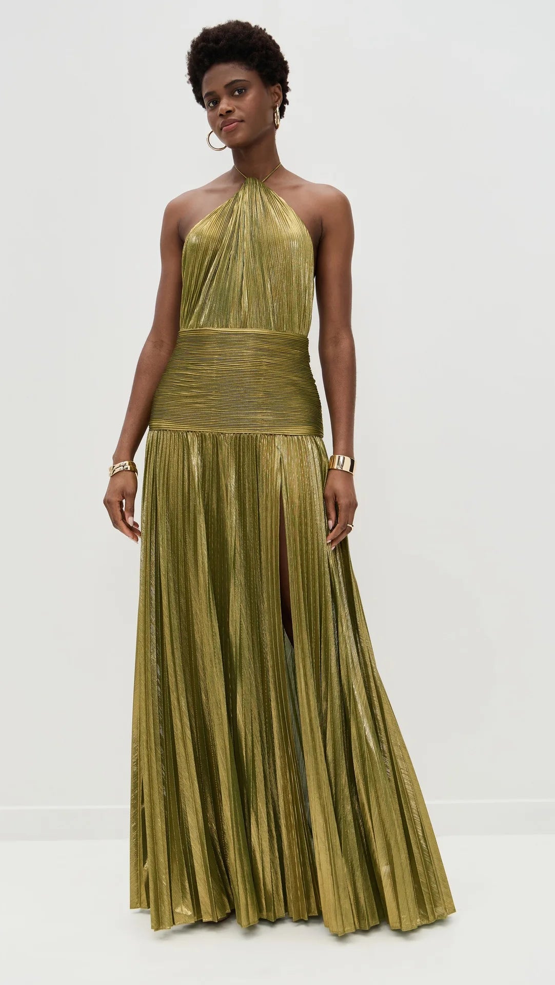 Gold Halter Neck Evening Dress Woman Chic Solid Color Pleated Backless Package Hip Slit Dress Fashion Trendy Lady Party Vestidos