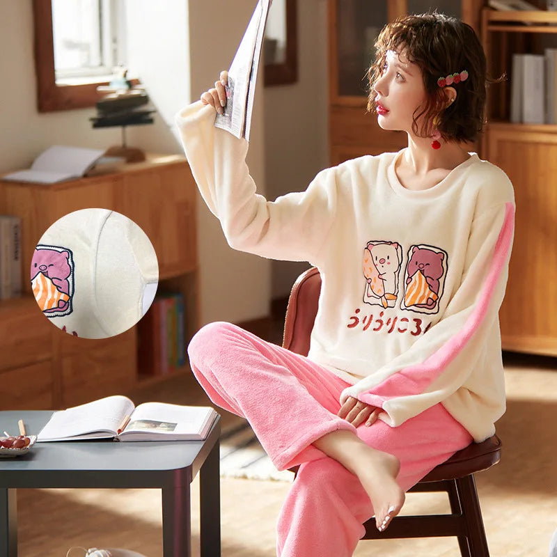 Autumn Long Sleeve flannel Maternity Clothing winter Thin coral fleece Pajamas Set Pregnant Women Breastfeeding Nursing Pyjama