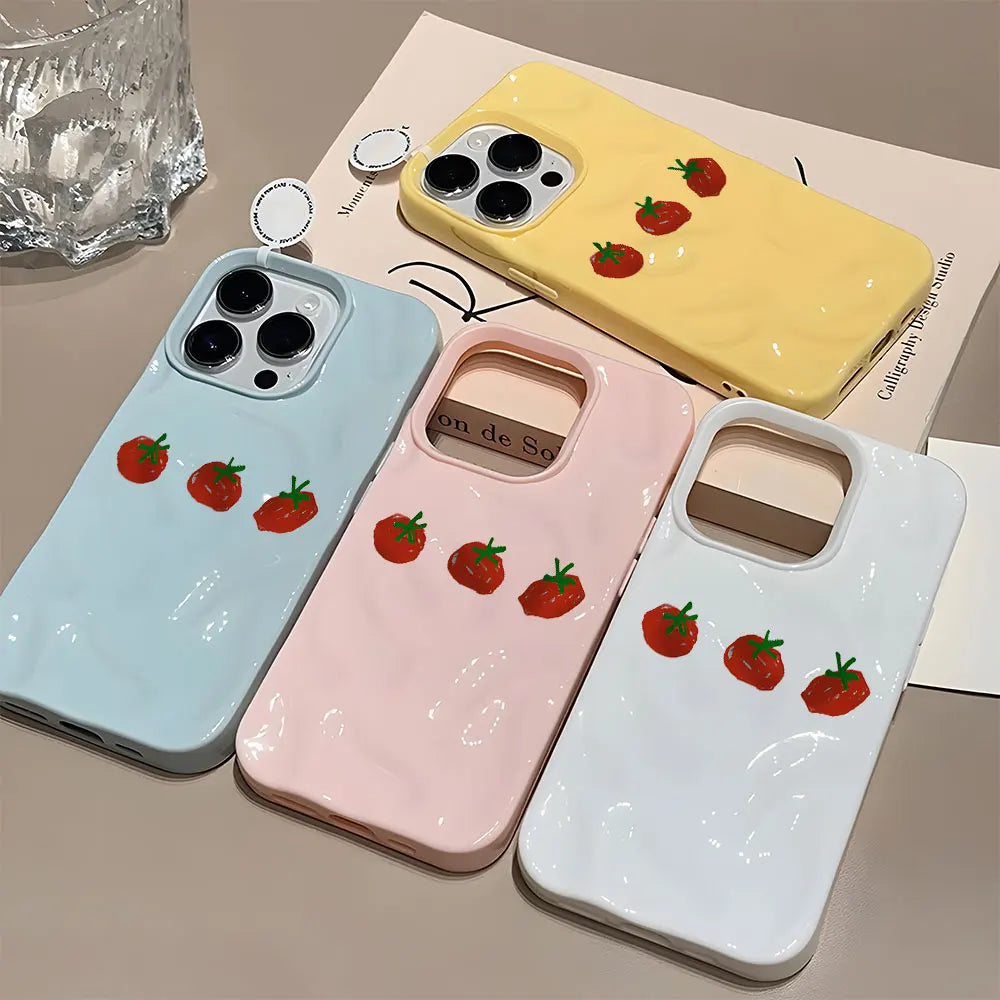Cute Red Tomato Pattern Wave Texture Phone Case For iPhone 17 Pro Max 16 15 14 13 12 11 Pro 15 Plus Shockproof Soft Back Cover