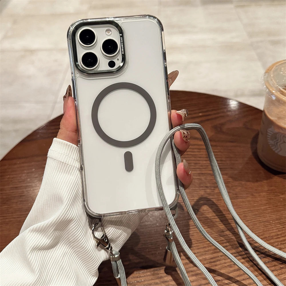 Crossbody Lanyard Necklace Transparent Magnetic For Magsafe Case for iPhone 17 15 11 12 13 14 16 Pro Max Plus Anti-lost Cover