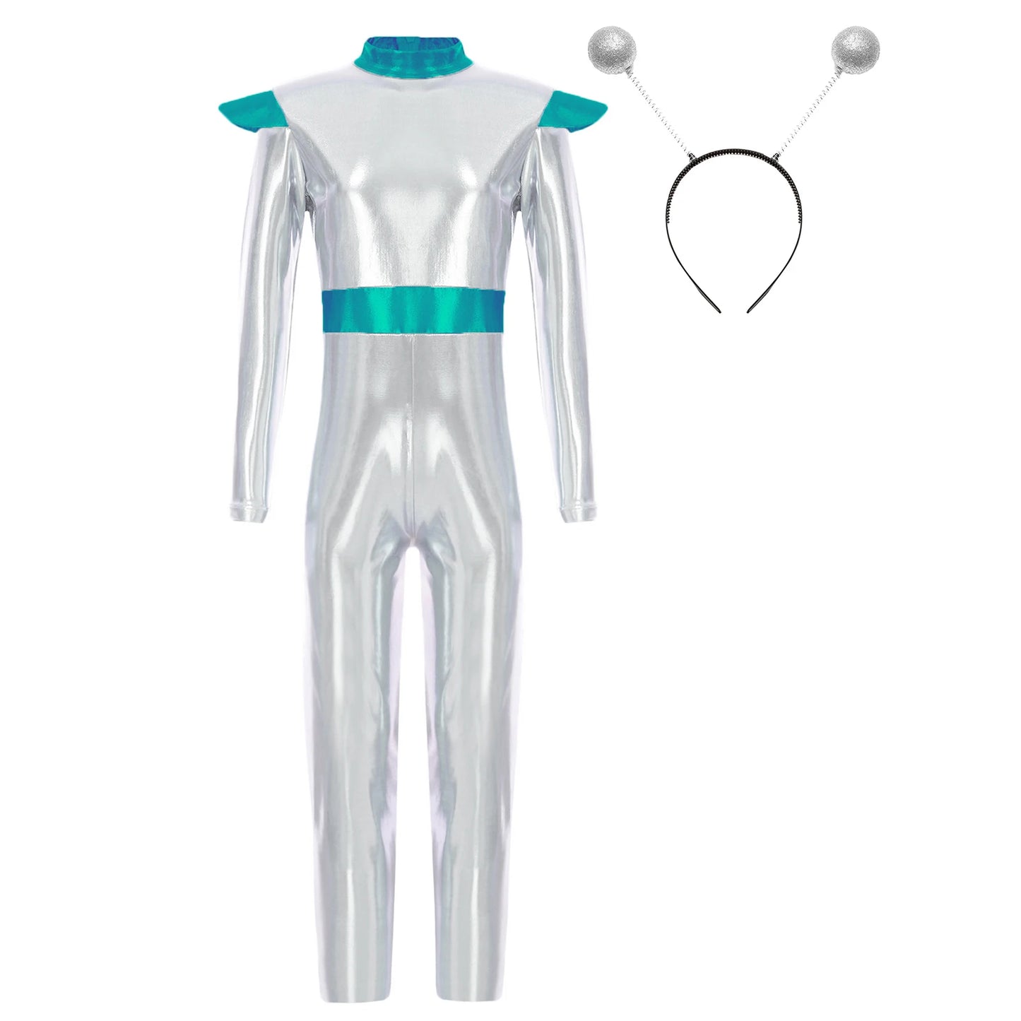Kids Boys Girls Halloween Carnival Alien Cosplay Performance Costume Long Sleeve Metallic Shiny Space Jumpsuit with Hair Hoop