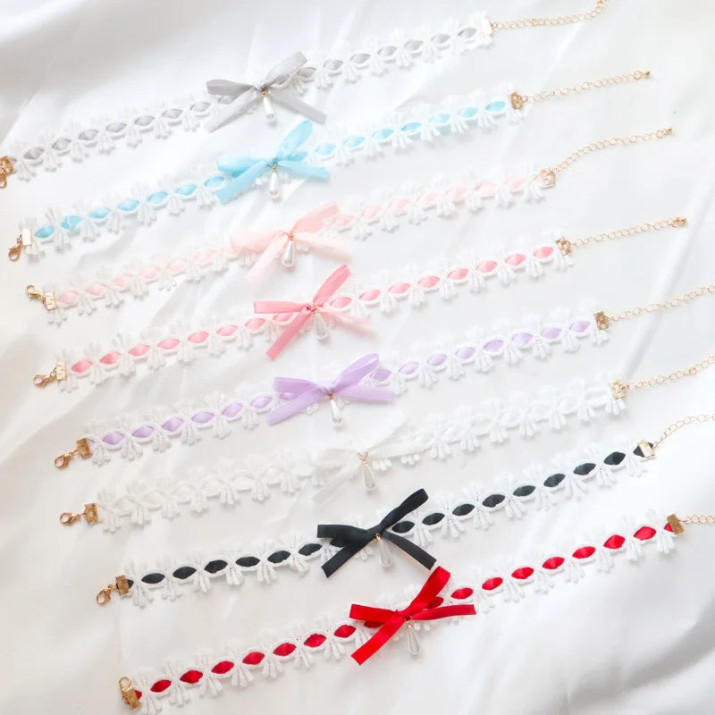 Women's Sexy Bow Lace Necklace with Pearl Drop Clavicle Choker in White Pink Black Purple - Elegant Lady Jewelry Gift