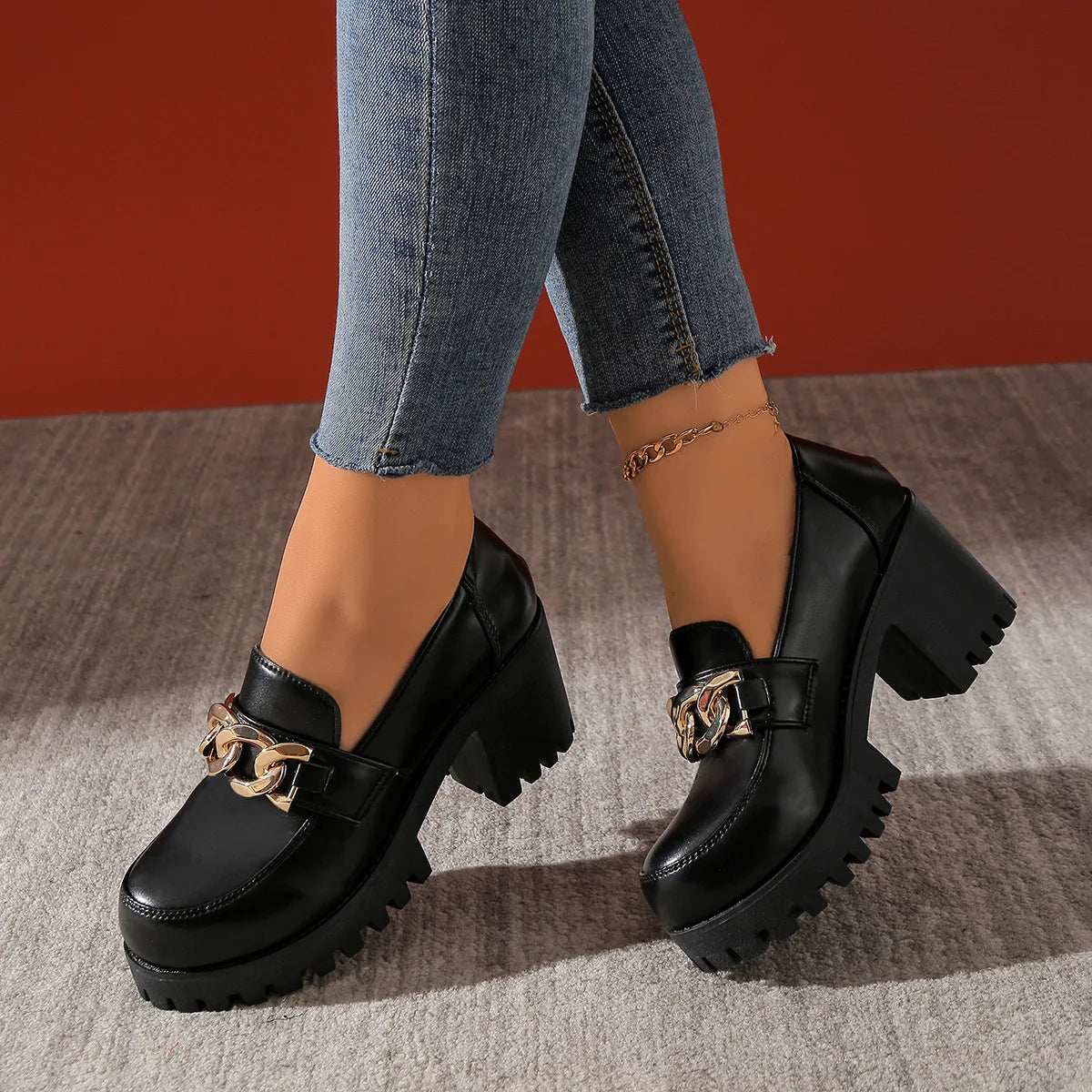 Women's Large Size Thick Heel Slip-On round Toe Leather Shoes Spring Autumn New Style Korean Style PU Leather Mid Heel