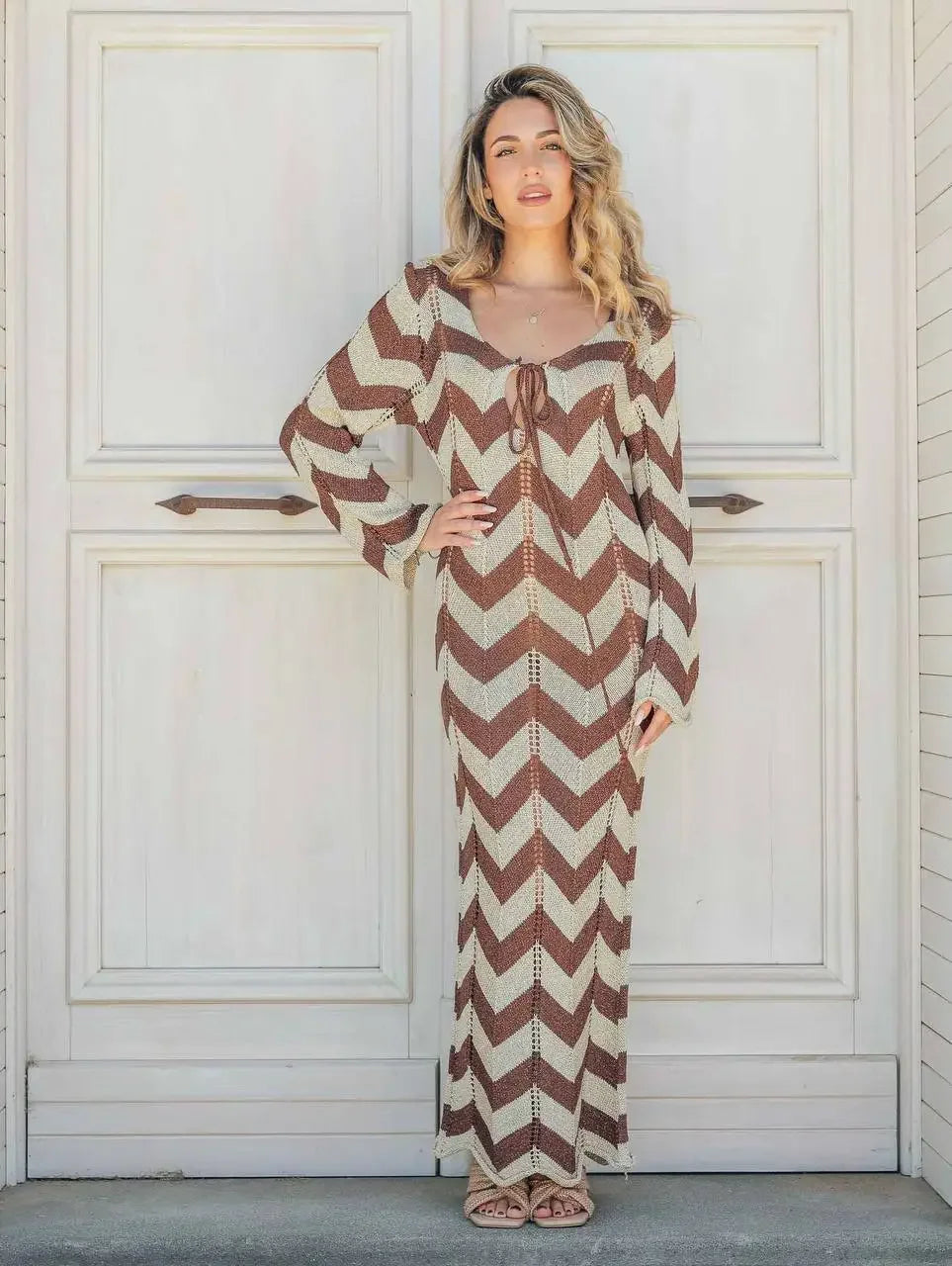 2025 Women's  Stripled Long Sleeve Slim Elegant Knitted Maxi Dress V Neck Autumn New Lace Up Hollow Sexy Beach Cover Up Dress