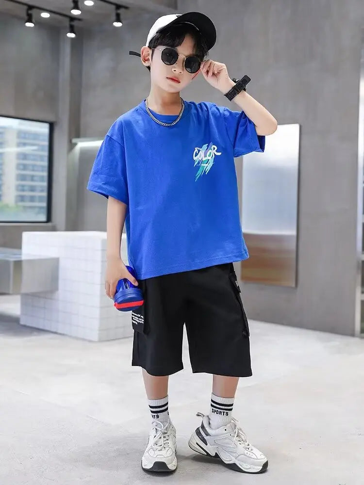 Summer 100% Cotton Boys Blue T-shirt Cool Graffiti Printed Girls Tees Short Sleeve Children Tops High Quality Kids Clothes 2024