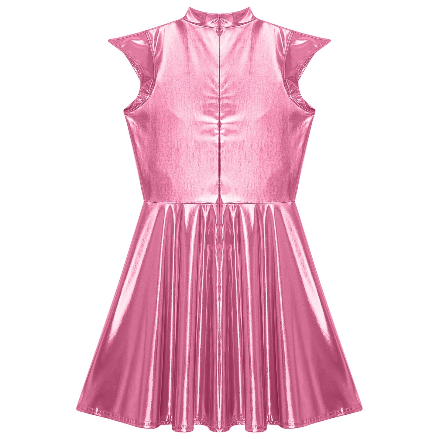 Womens High Waist A-line Dress Shiny Metallic Mock Neck Cap Sleeve Dress Modern Pole Dance Rave Party Bar Club Wear Street Wear
