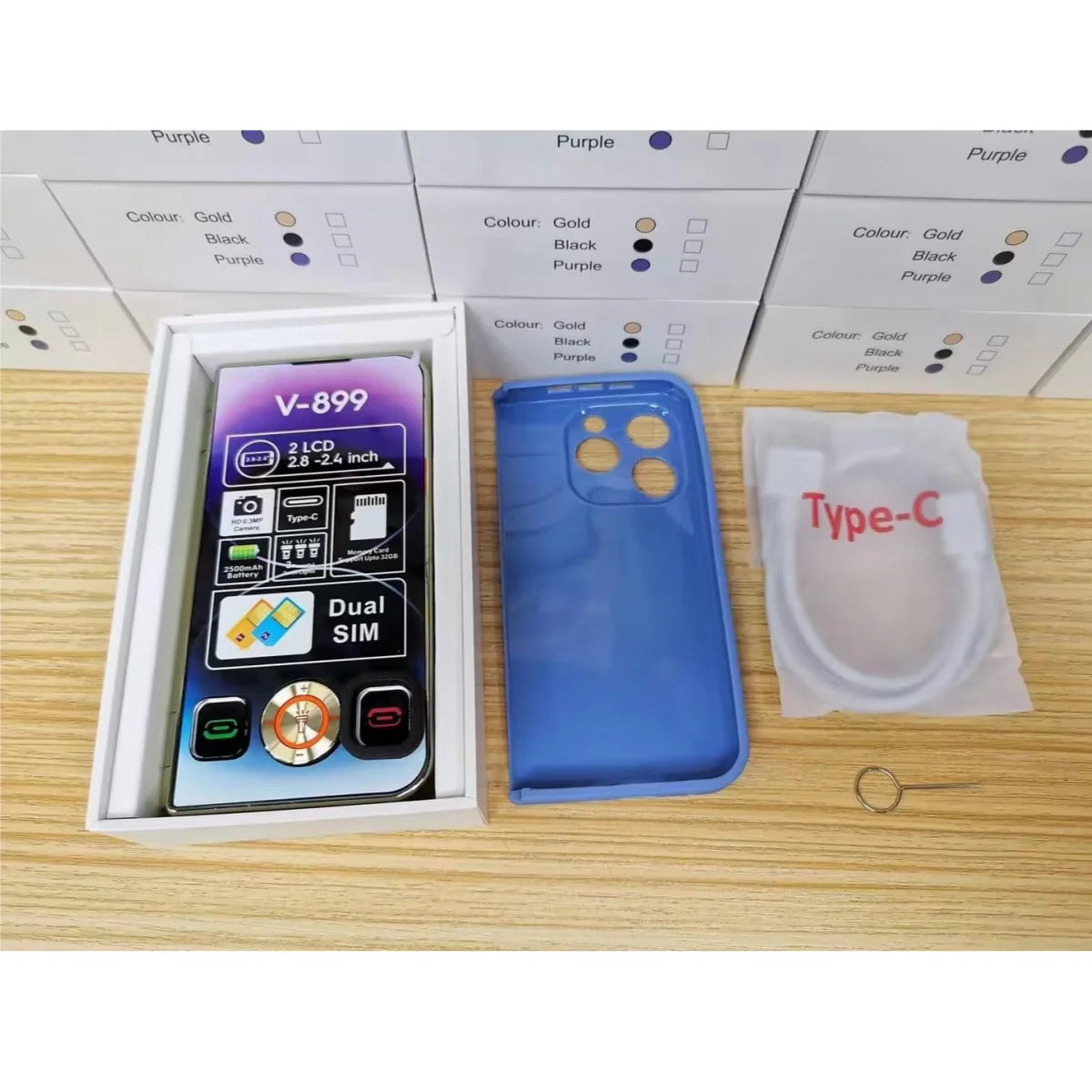 V-899 Bluetooth Folding 2G Cellphone 2.8``2.4``Dual Screen Display MTK6261A 32MB RAM 64MB ROM Dual SIM 3.0MP Type-C Torch Phone