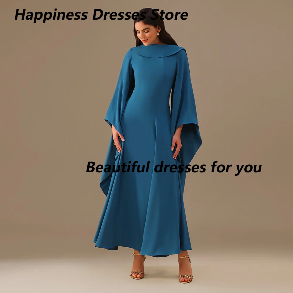 Formal Evening Dress Customized Long Sleeves Boat Neck A Line Ankle Length Jersey Saudi Arab Prom Gown Arabian Formal Dresses