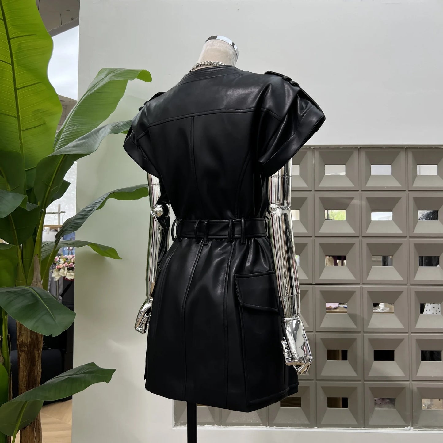 DFDG 2025 Women’s V-Neck Wide Shoulder Overlap Placket Double Breasted PU Leather Bodycon Dress Unique Design Cocktail Dress
