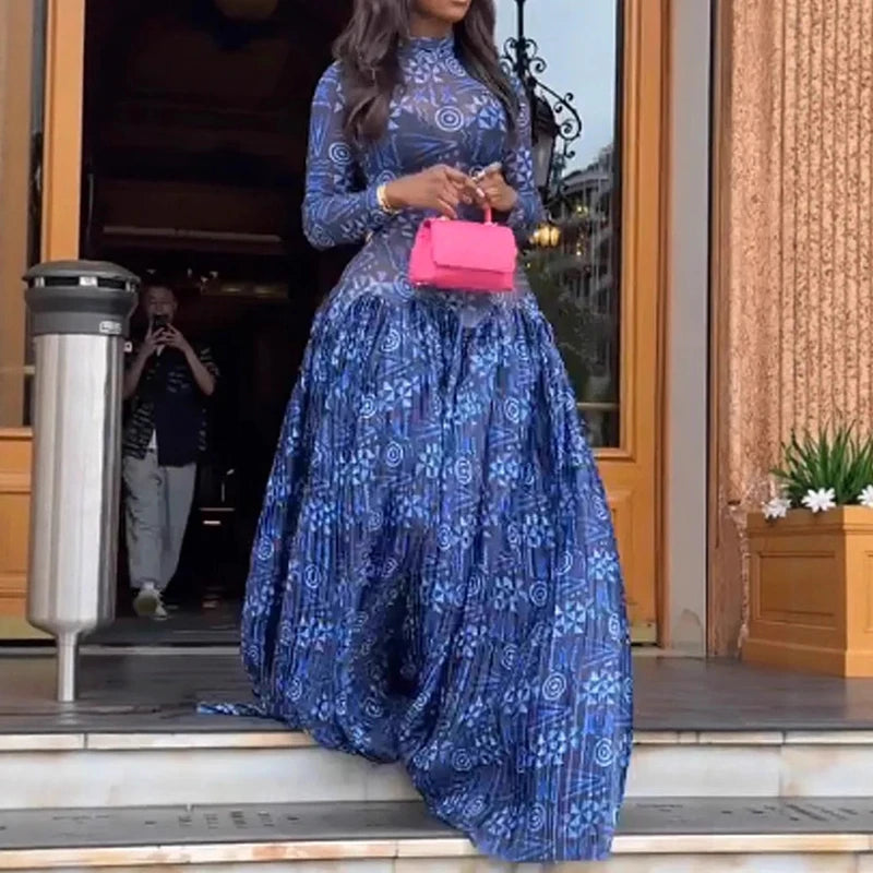 Autumn O-neck Long Sleeved Women's Casual Dress Fashion Perspective Swing Bohemian Dress Vintage Flower Printed Beach Robe Dress