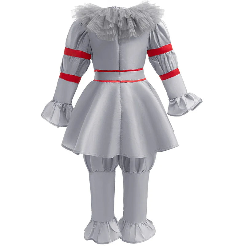Halloween Costume Girl	Scary Clown Cosplay Costume Long Sleeve Dress+Pants 2pcs Sets For Children Carnival Pennywise Costume