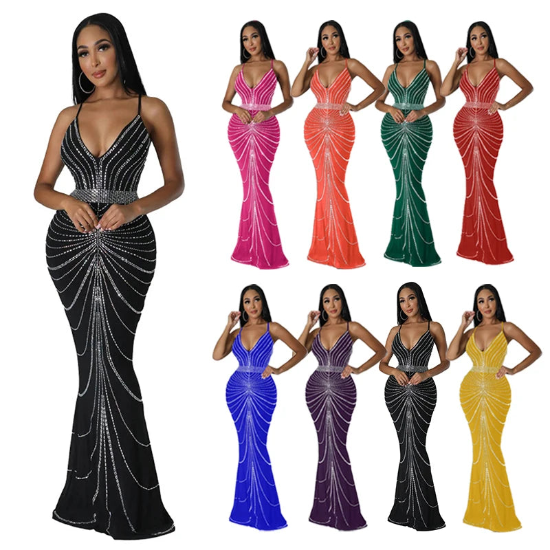 Sparkling Solid Color Hot Diamond Sheer Mesh Long Skirt, Elegant and Luxurious Spring Women's Cocktail Dress, Celebrity Clothing