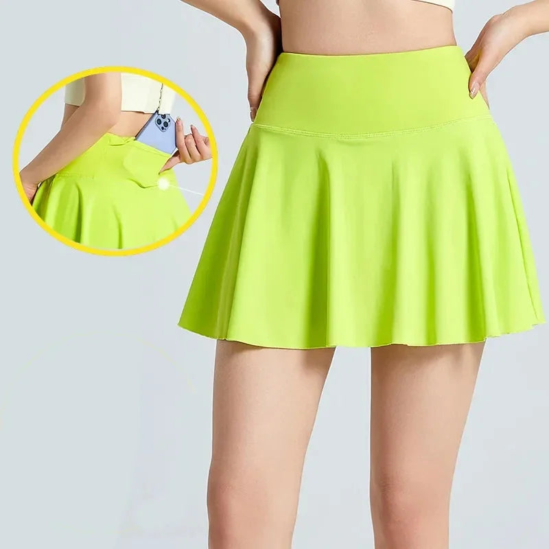 High Waist Sport Tennis Skirts for Women Fashion Anti-Shine Quick Drying Elastic Yoga Skirts Woman with Pocket Mini Skirt Female