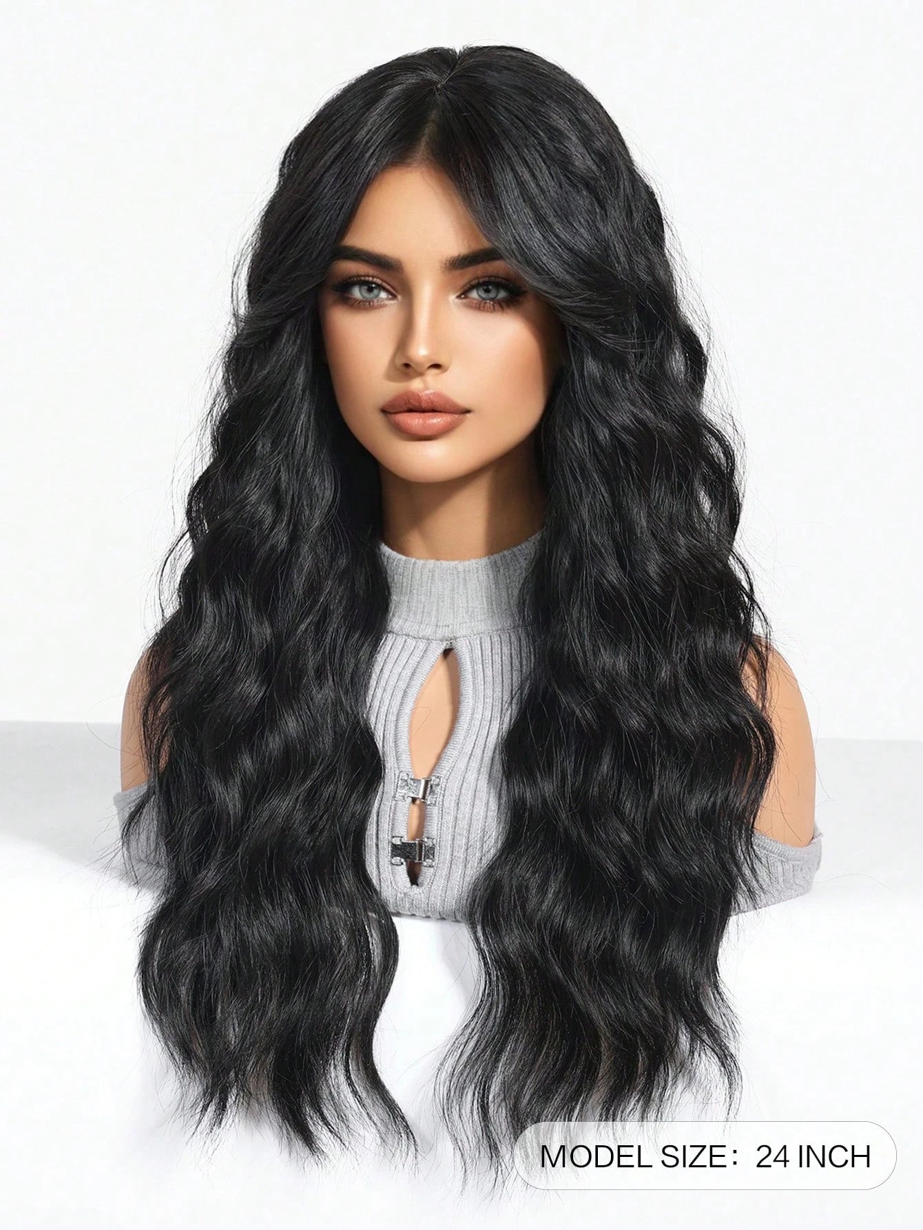 Long Wavy Women's Wig with Bangs, Black Wig, Curtain-Style Bangs Wig, Layered, 24inch Inches Long, Black Curly Wig, Exclusively for Women, Natural-Looking Synthetic Wig, Suitable for Daily Use, Parties, and Cosplay