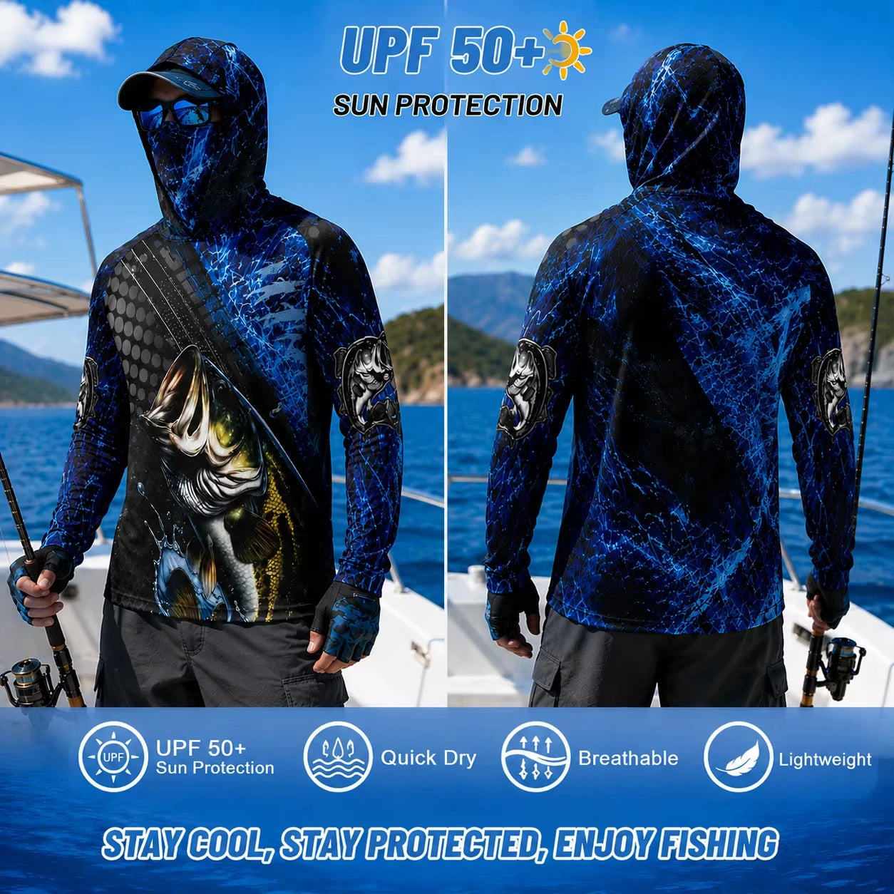 MALFC Men Hood Fishing Shirt long sleeve fishing t shirt uv protection Fishing Apparel