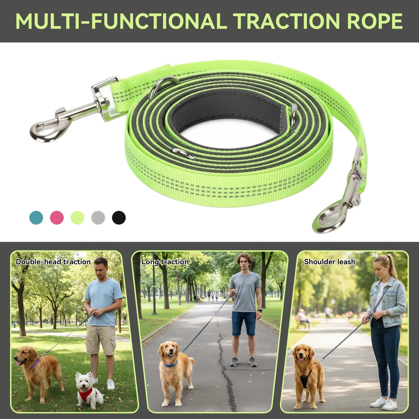 Crossbody Dog Leash Versatile Crossbody Waist Leash with 3 Rings Puppy Walking Leash Reflective Nylon Multifunctional Pet Rope