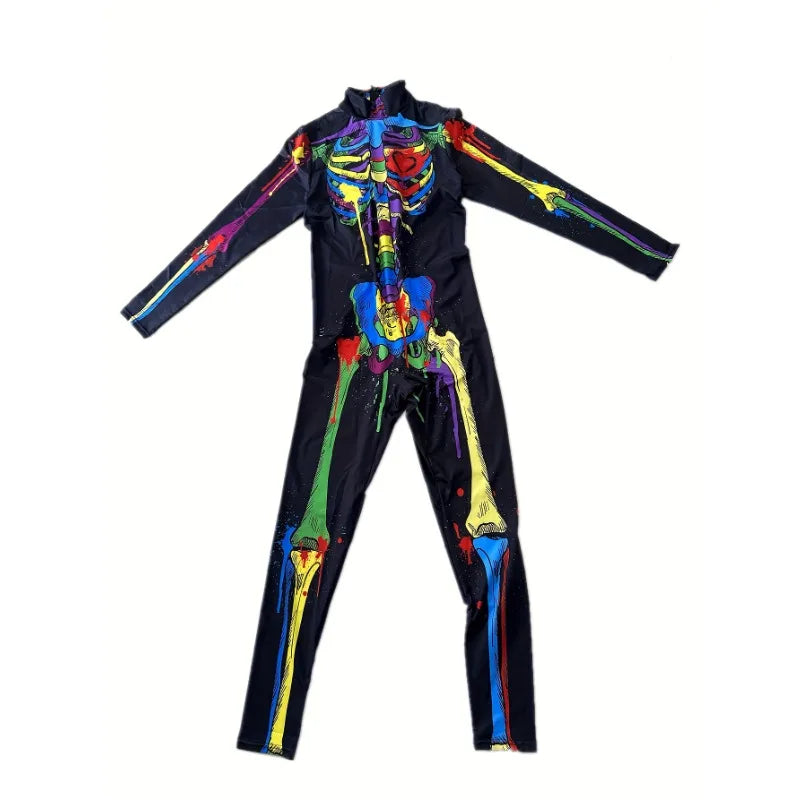Halloween Party Theme Dress Up Costumes, Girls Long Sleeve Stretchy Fitted Full Color Skull Pattern Printed Women's Jumpsuit
