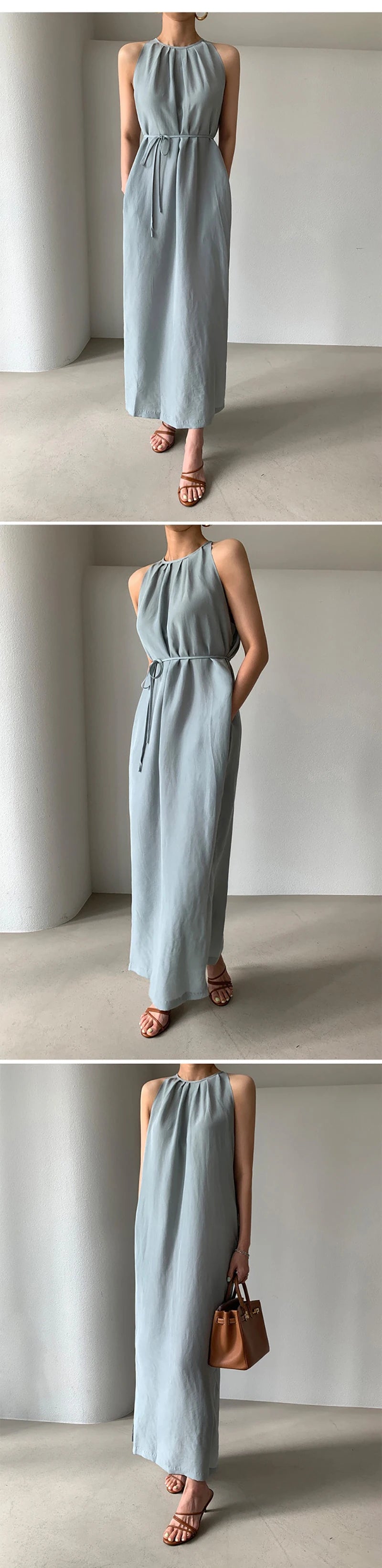 HELIAR Women Halter Strapless Sexy Dress Lace Up Waist Elegant Office Dress Holiday Beach A-line Long Dress Casual Vestidos