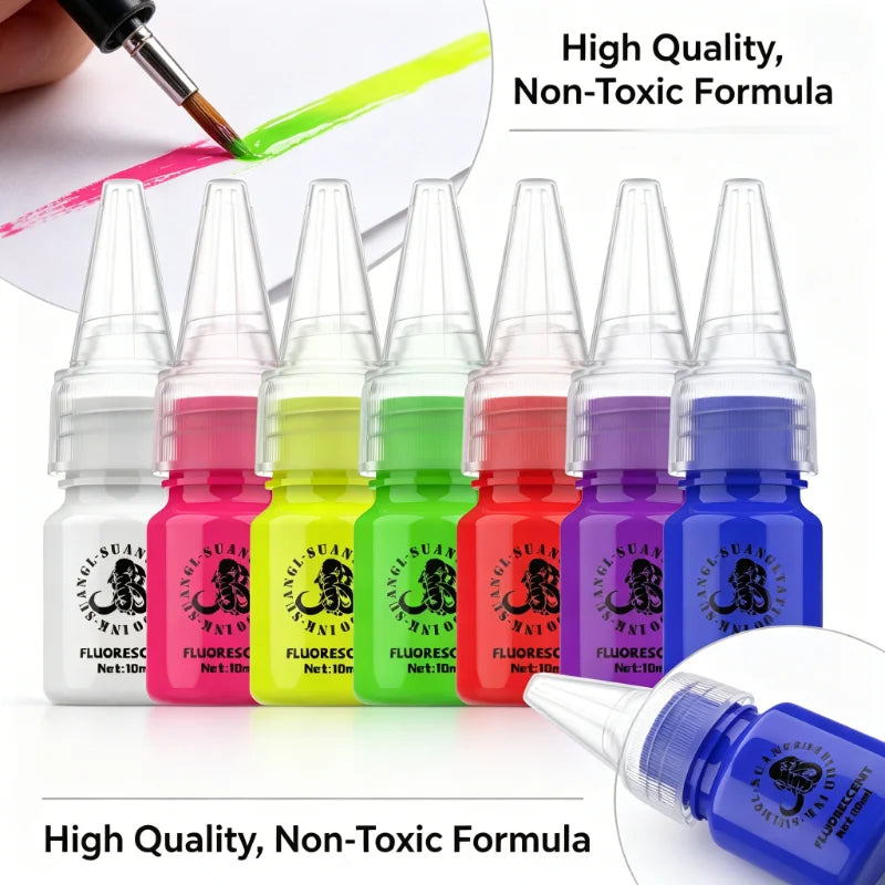 Glow Dark Tattoo Ink Set 7 Colors 10ml Fluorescent Pigmented Inks for Halloween Body Art Light Effects Vibrant Colors