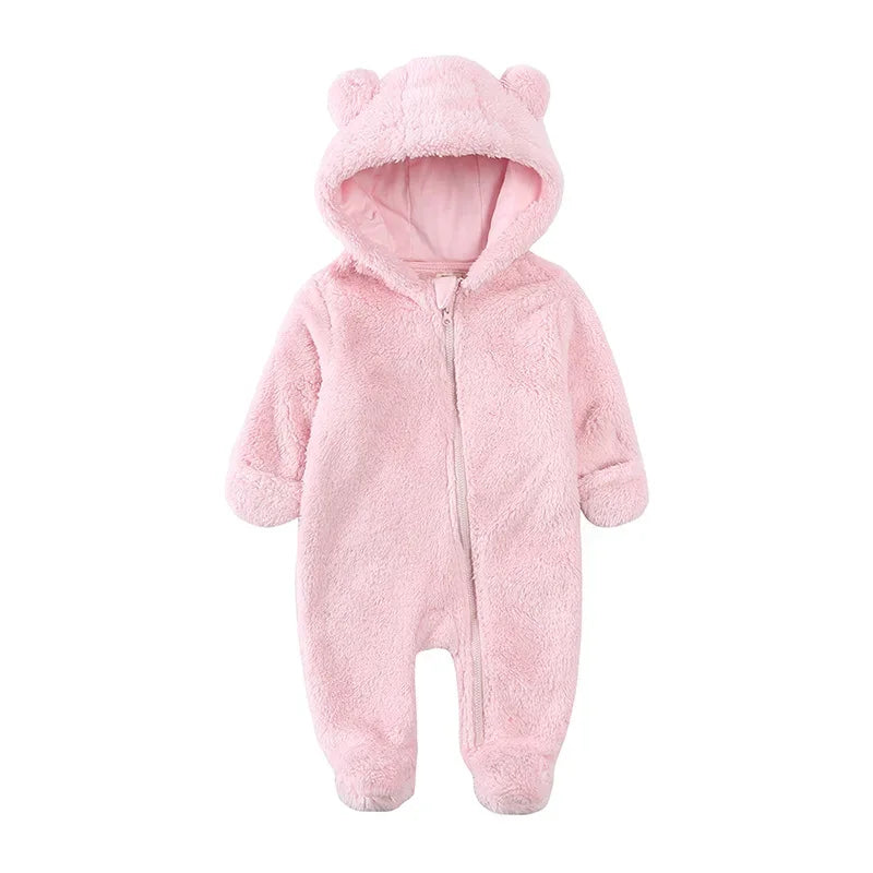 2025 Warm Footed Baby Romper Zipper Closure Fall Newborn Bear Ear Hooded Fuzzy Onesie Outfit Infant Boys Girls 100 Days Jumpsuit