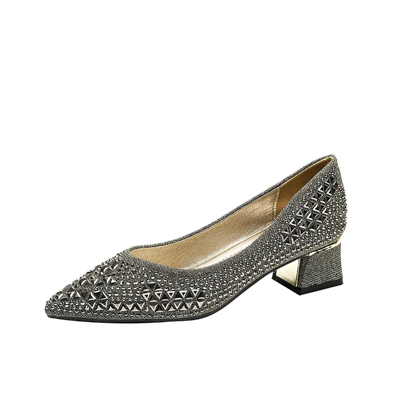 Sequines Cloth Gold rivets pumps women pointed toe glitter med-high heels shoes metal heeled female tacones elegant OL shoes