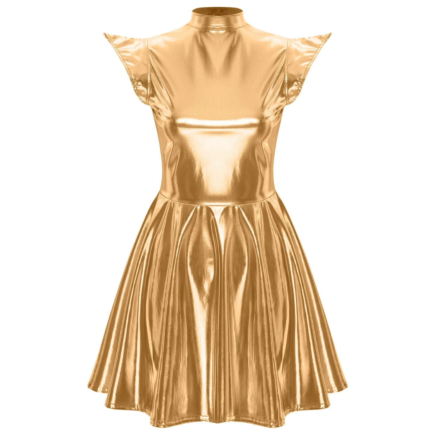 Womens High Waist A-line Dress Shiny Metallic Mock Neck Cap Sleeve Dress Modern Pole Dance Rave Party Bar Club Wear Street Wear