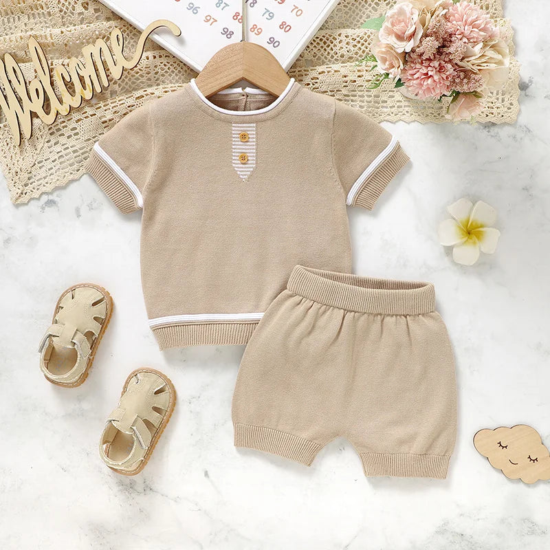 Summer Solid Short Sleeve T-Shirts+Shorts 2PCS Outfits for Newborn Boys Cotton Clothes Sets 0-18m Infant Knit Tracksuits Costume
