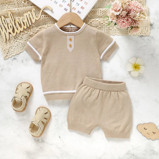 Summer Solid Short Sleeve T-Shirts+Shorts 2PCS Outfits for Newborn Boys Cotton Clothes Sets 0-18m Infant Knit Tracksuits Costume