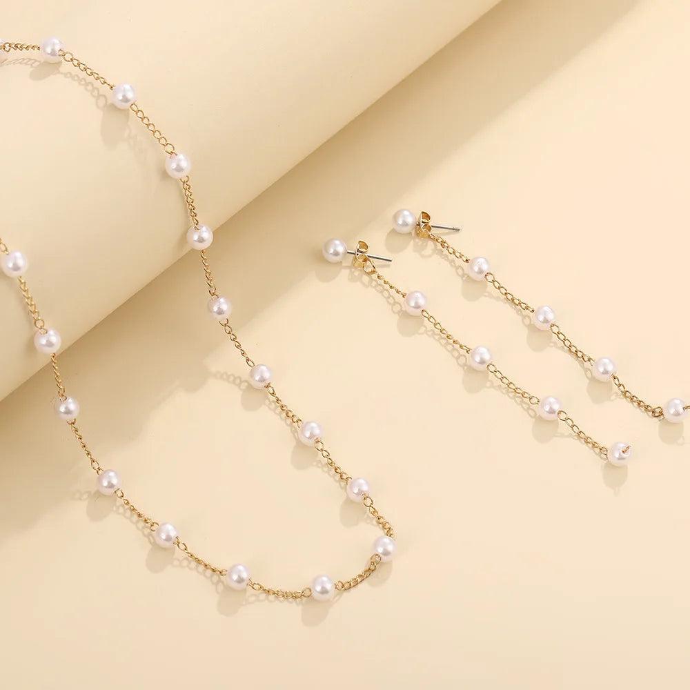 Minar Classic Imitation Pearl Jewelry Sets for Women 14K Real Gold Plated Brass Chain Strand Chokers Necklaces Bracelet Earrings
