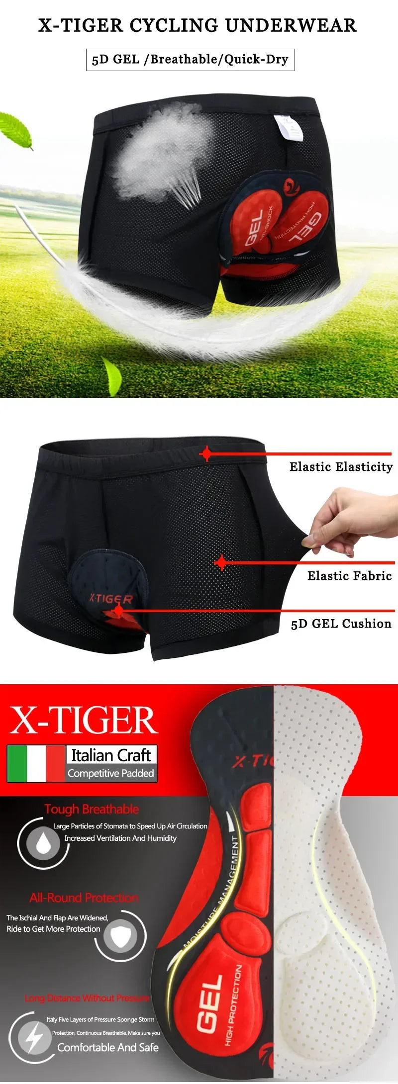 X-Tiger Cycling Shorts Breathable Mesh Shockproof Cycling Underwear 5D Pro Thickened Gel Pad Cycling Shorts