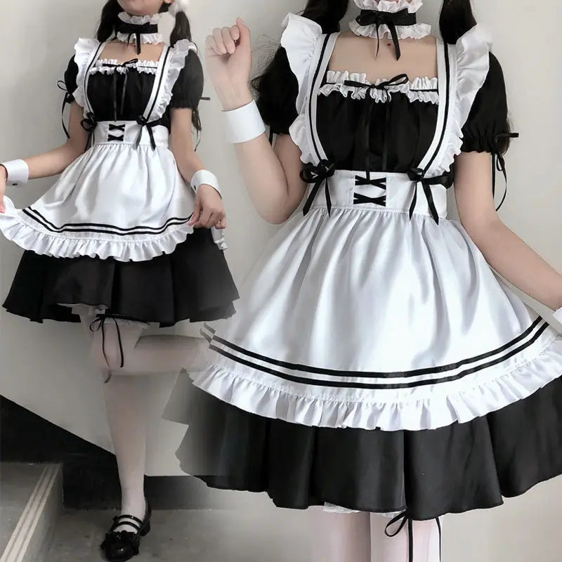 Halloween Maid Set Waiter's Cute Dress Men's Women's Costume Big Character Black and White Style Plus Size Short Sleeved Dress