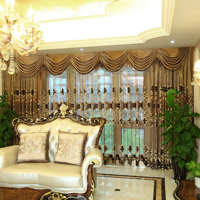 Embroidered Chenille Velvet Curtains for Living Room Bedroom European Modern Brown Gold Sheer Tulle Windows Backdrop Valance