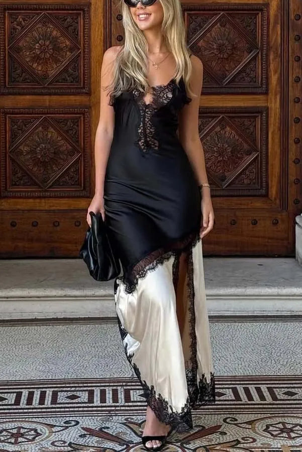 Chic Contrast Lace Embroidery Sling Dress Woman Sexy V Neck Hollow Slit Long Dress Summer New Sleeveless Irregular Evening Dress