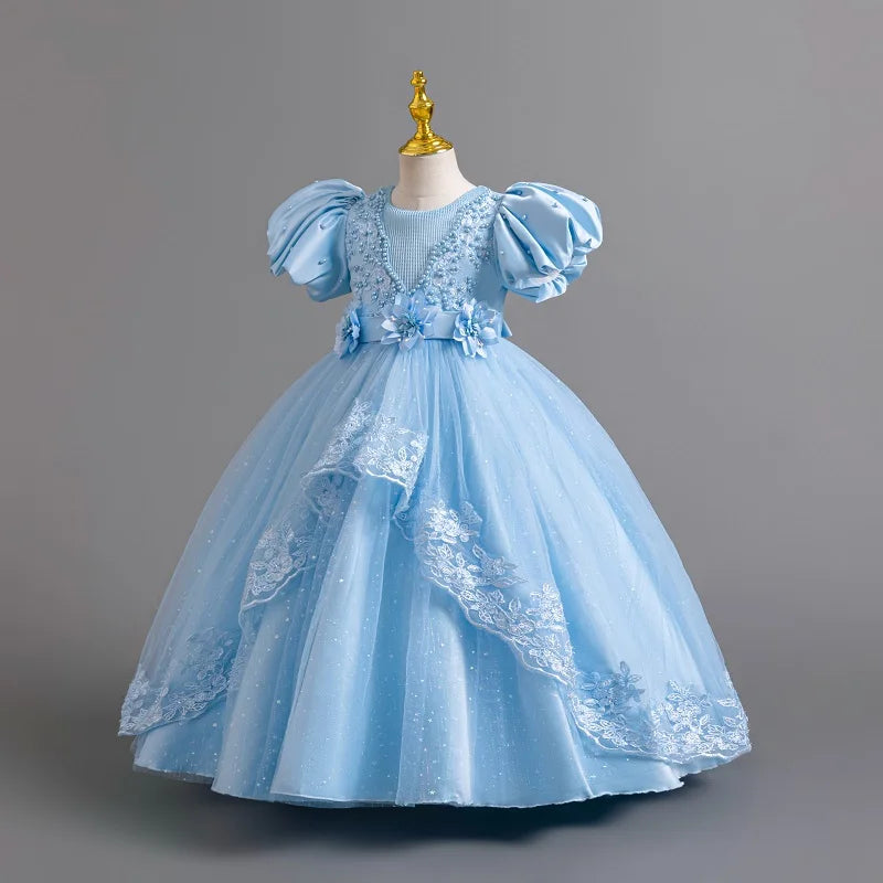 3-12 Year Old Baby Dress Birthday Party Girl Princess Dress Bubble Sleeves Lace Flower Wedding Dress Flower Girl Evening Dress