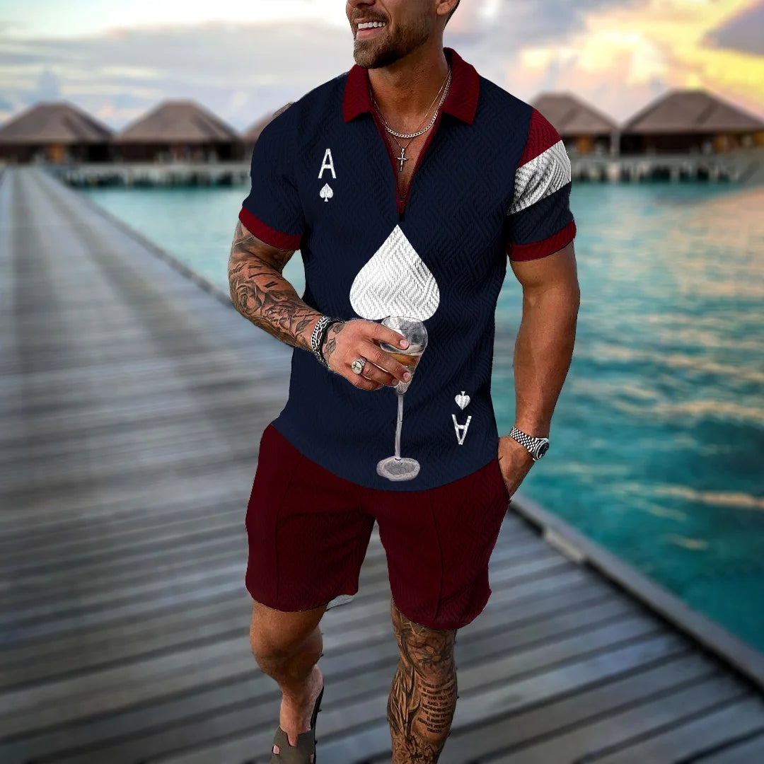 Men Tracksuit Summer New 3D Printed Beach Zipper Polo Shirts Shorts 2 Pcs Sets Boho Geometric Style Holiday Clothing Ropa Hombre