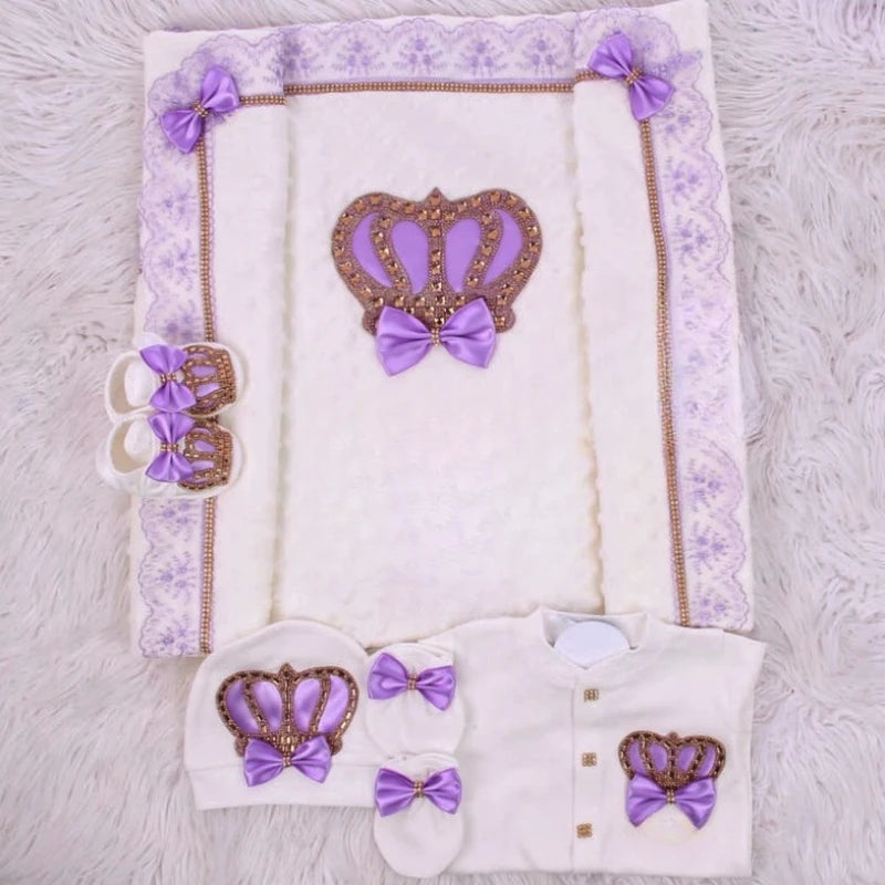 5pcs Newborn Baby Embroidery Lace Romper Outfit Clothing Cotton Infant Wrapped Baby Products Pants Mittens Receiving Blanket