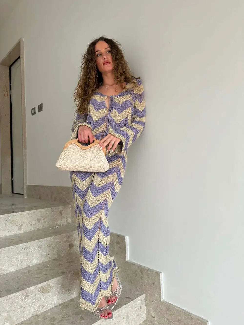 2025 Women's  Stripled Long Sleeve Slim Elegant Knitted Maxi Dress V Neck Autumn New Lace Up Hollow Sexy Beach Cover Up Dress