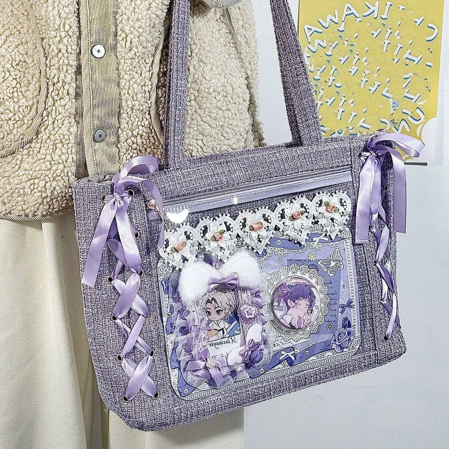 New Y2K Ribbon Bow Japanese Ita Shoulder Bag Cute Girl Transparent Pocket Large Capacity Crossbody Tote Bag DIY Display Handbags