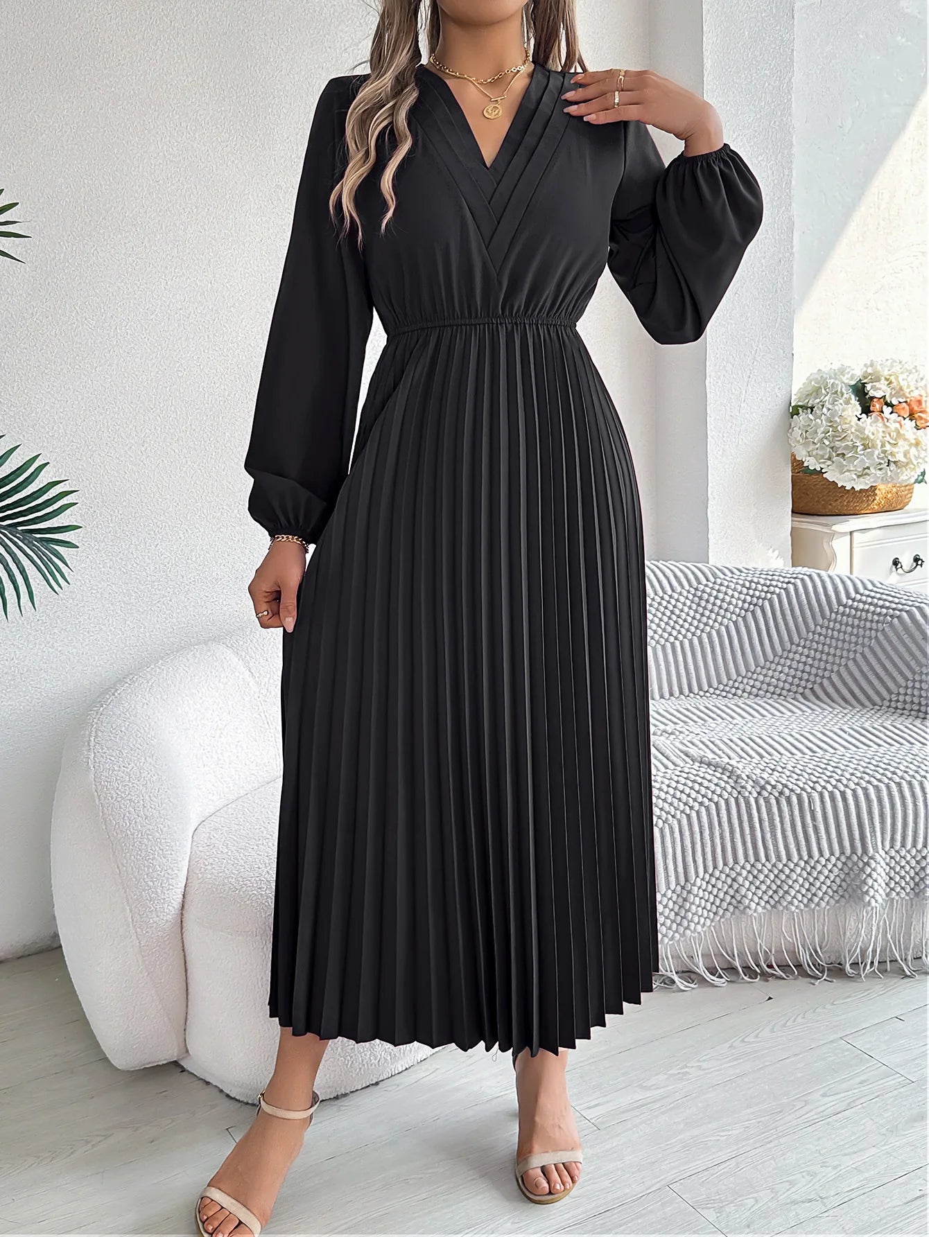 Women's Elegant Solid Color V-Neck Waist-Cinching Long Sleeve Midi Dress with Pleated Ruffles | Spring Autumn Fashion