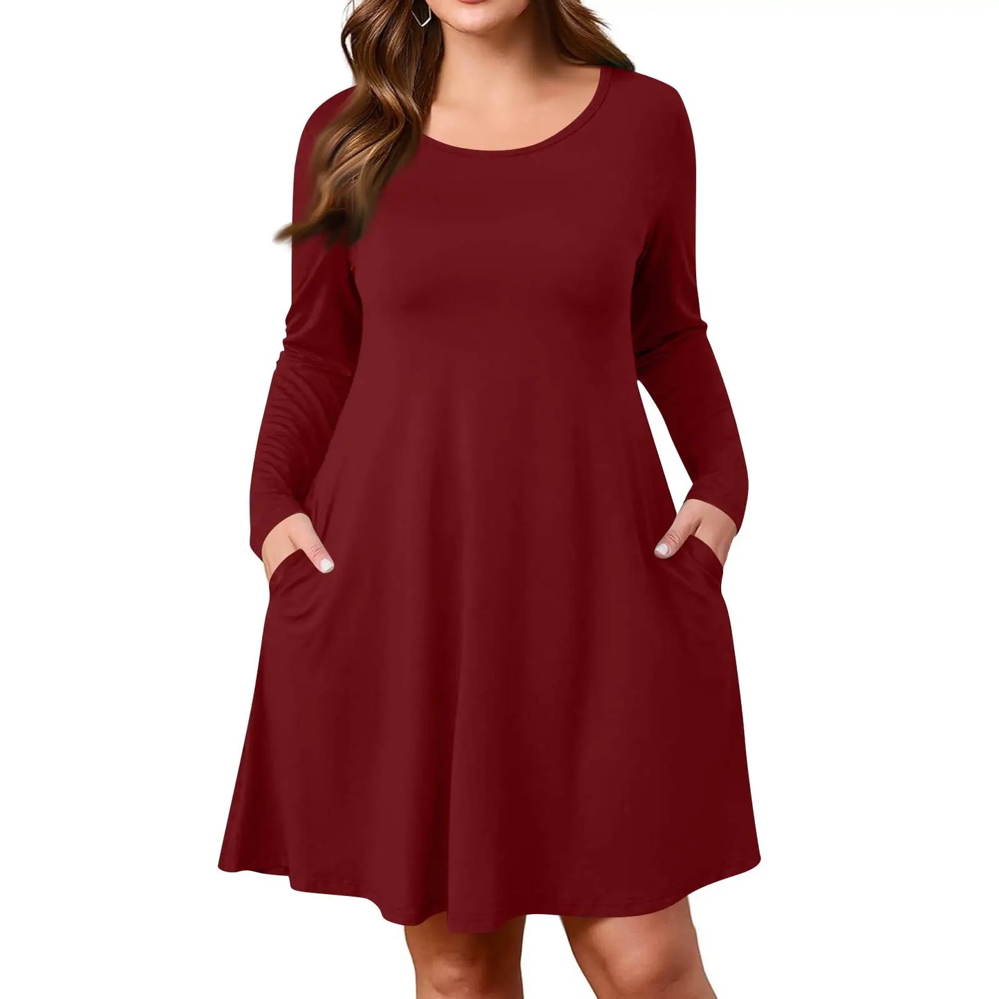 Plus Size Dress for Women Solid-Colour Casual Dress Spring/Autumn Pocket Round Neck Long-Sleeved Dresses vestidos femenino